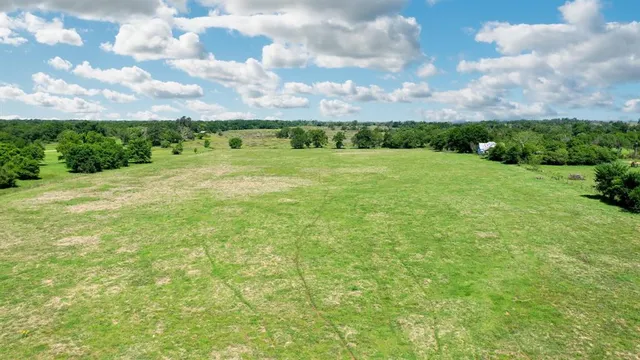 a view of a swimming pool with a yard and trees