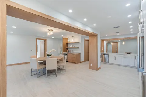 a view of a dining room with furniture