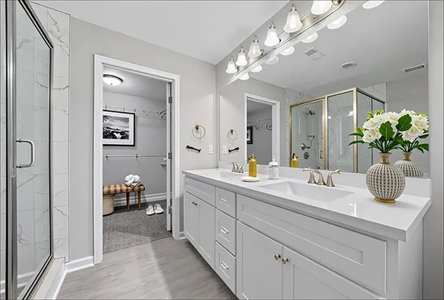 a bathroom with a sink a potted plant and a mirror