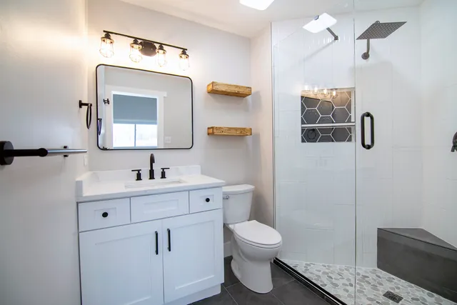 a bathroom with a toilet sink a mirror and vanity