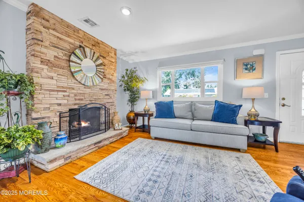 a living room with furniture a fireplace and a potted plant