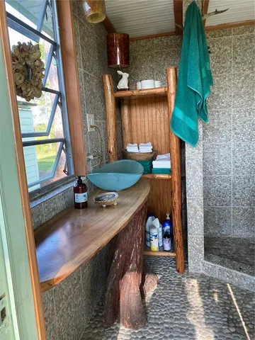 a bathroom with a shower and a toilet