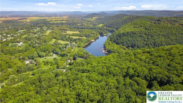 an aerial view of residential houses with outdoor space and trees