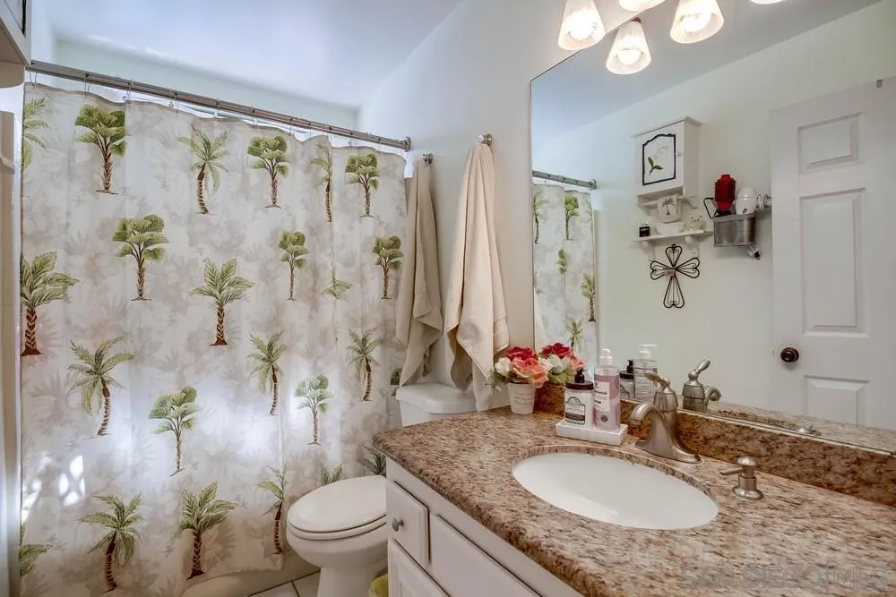 861 Peutz Valley Road Alpine, CA 91901 - Photo 19 of 42 a bathroom with a granite countertop sink a toilet and a mirror