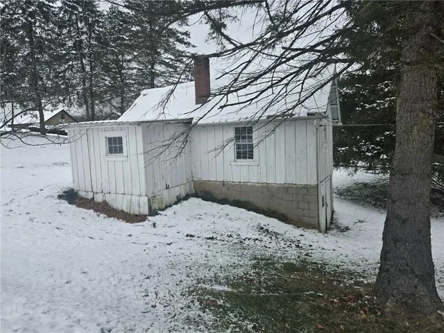 a backyard of a house with a large tree