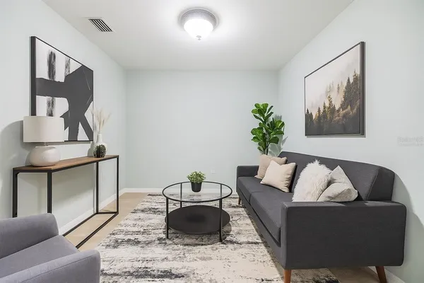 a living room with furniture and a potted plant