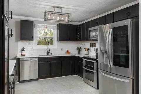 a kitchen with a sink stainless steel appliances and cabinets