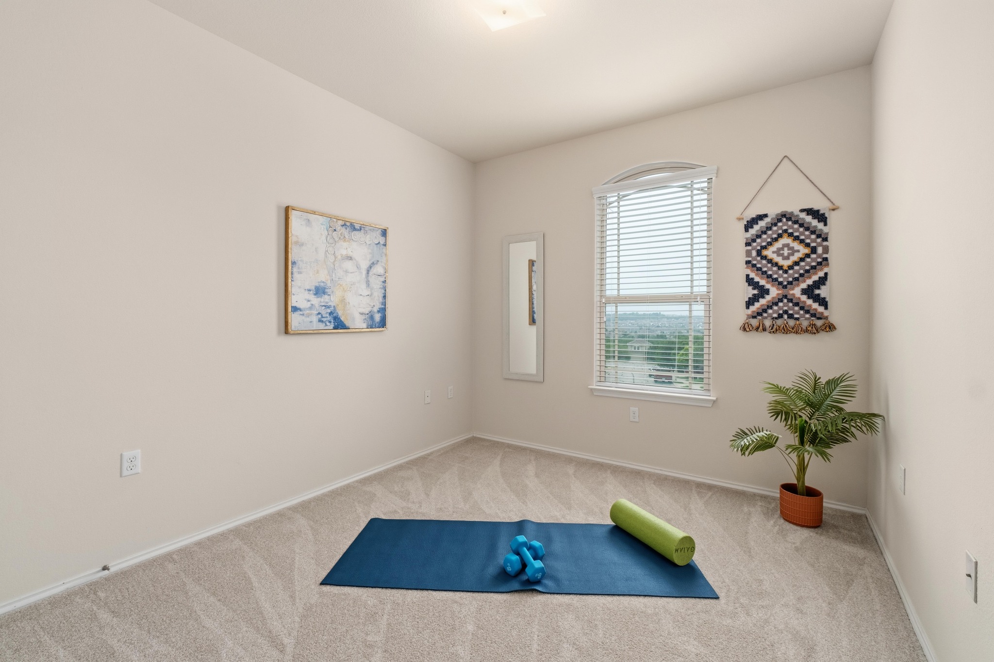 10124 Pinnacle Crest Loop Austin, TX 78747 - Photo 22 of 31 Carpeted room featuring neutral-toned walls, a vaulted ceiling, and an arched window with blinds