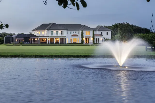 a view of a white house with a big yard and a large tree