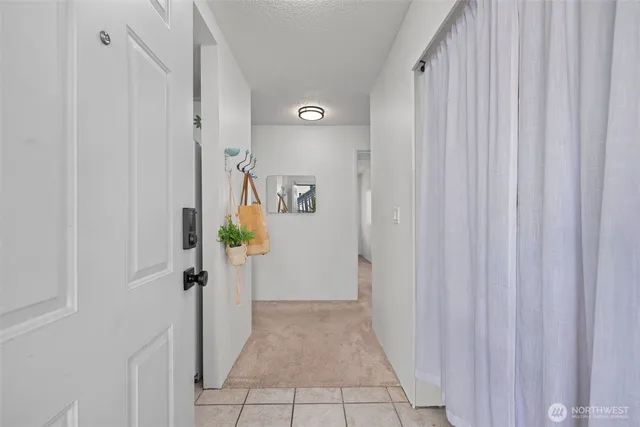 a view of a hallway with painted walls