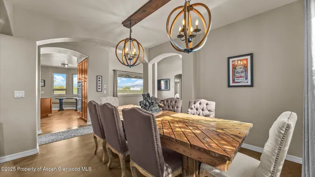 a view of a dining room with furniture
