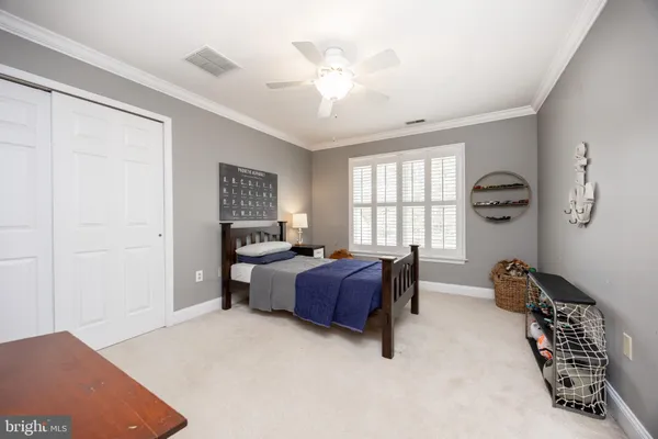 a spacious bedroom with a bed and a couch