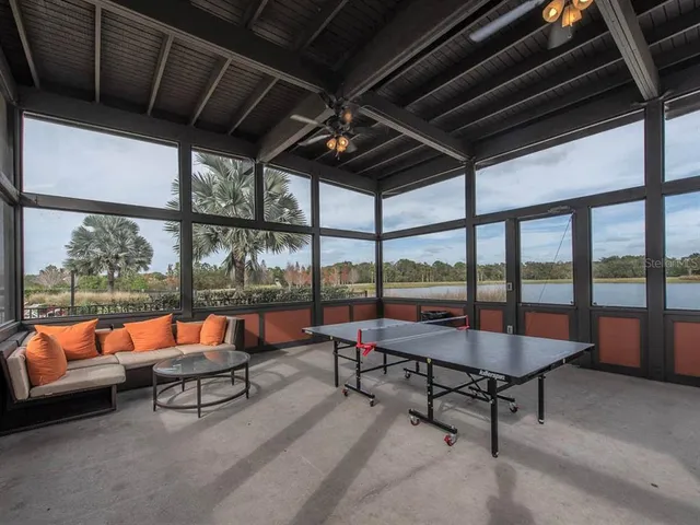 a park view with a seating space