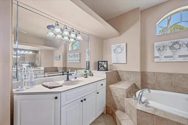 a bathroom with a sink a large mirror and a bathtub