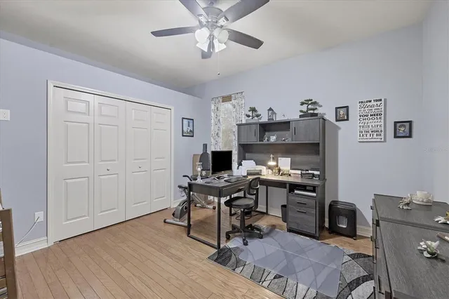 a workspace with wooden floor