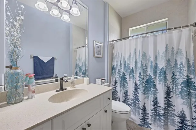 a bathroom with a sink vanity mirror and toilet