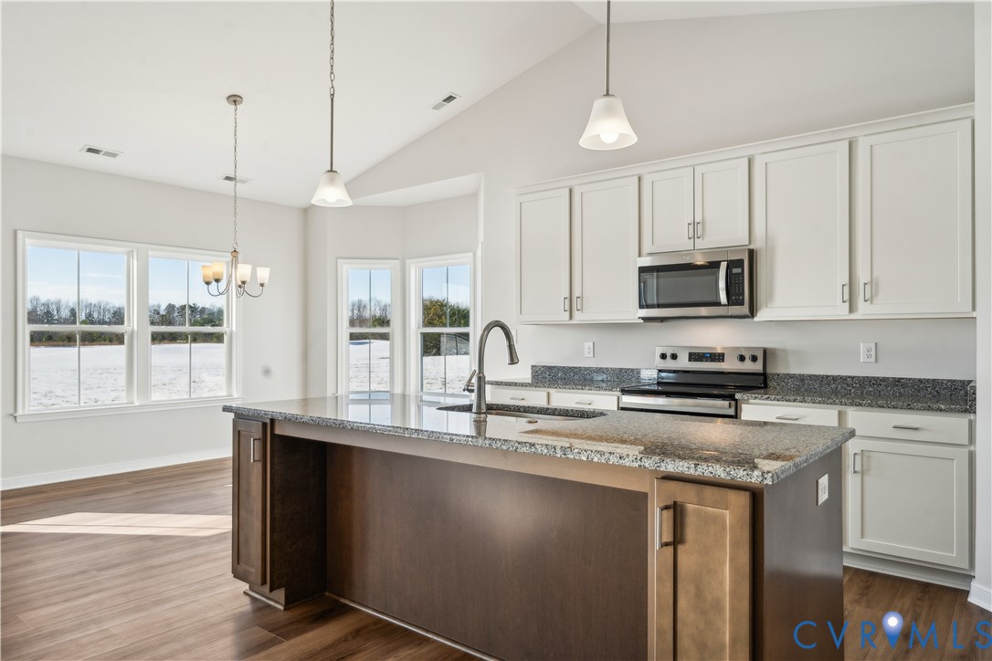 115 Logan Way Tappahannock, VA 22560 - Photo 9 of 29 a kitchen with stainless steel appliances granite countertop a sink a stove a microwave a center island and cabinets