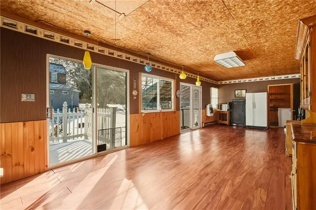 a view of a building with wooden floor