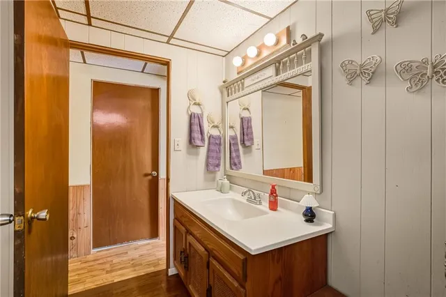 a bathroom with a sink mirror and a shower