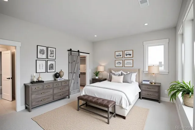 a bedroom with a bed and a couch