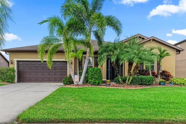 a view of a house with a yard and palm trees