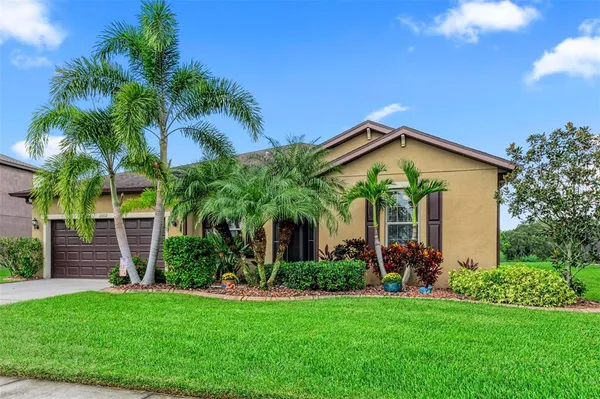 a front view of house with yard and green space