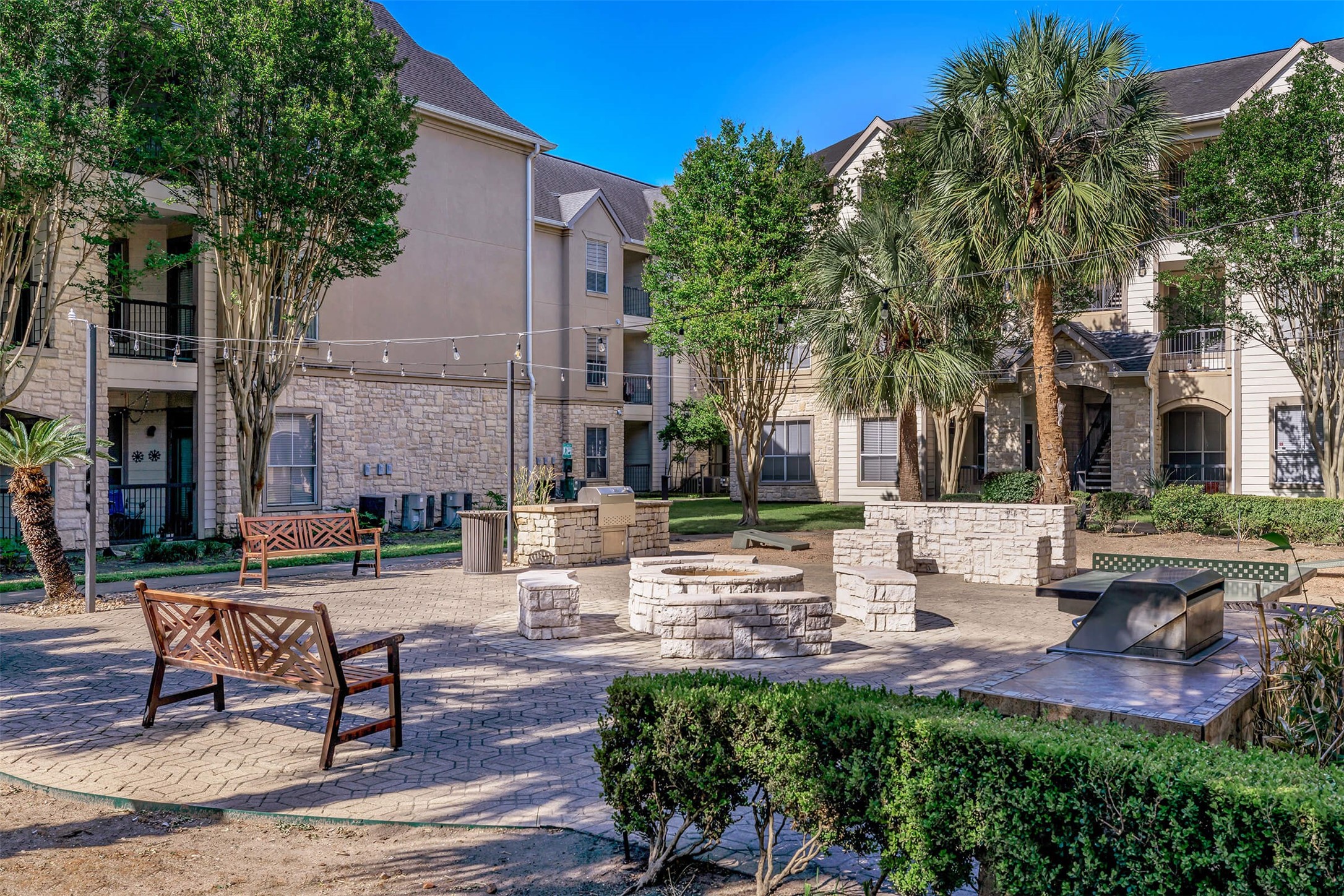 5510 South Rice Avenue, Unit 428 Houston, TX 77081 - Photo 2 of 6 a view of a patio with table and chairs potted plants and large tree