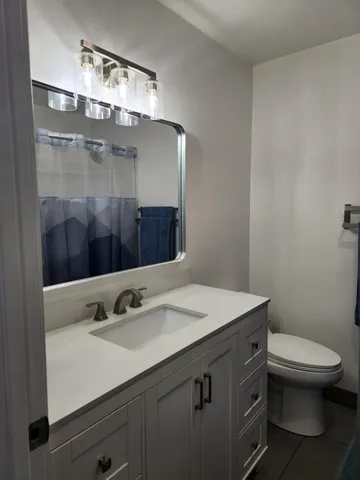 a bathroom with a sink a toilet and shower