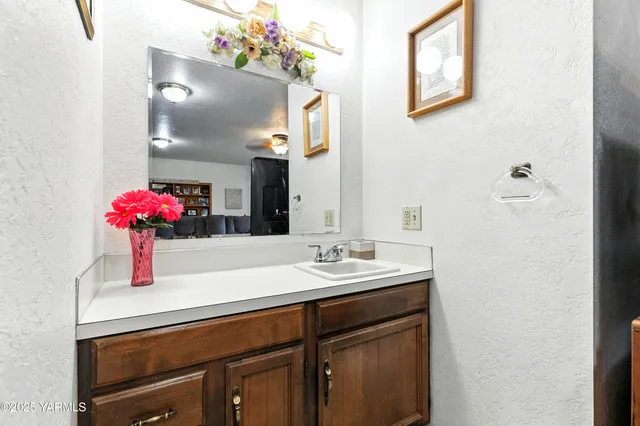 a bathroom with a sink vanity and a mirror