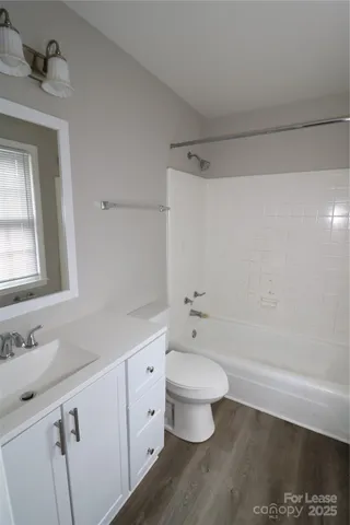 a bathroom with a toilet a sink a mirror a bathtub and vanity