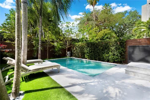 a view of a swimming pool with a yard