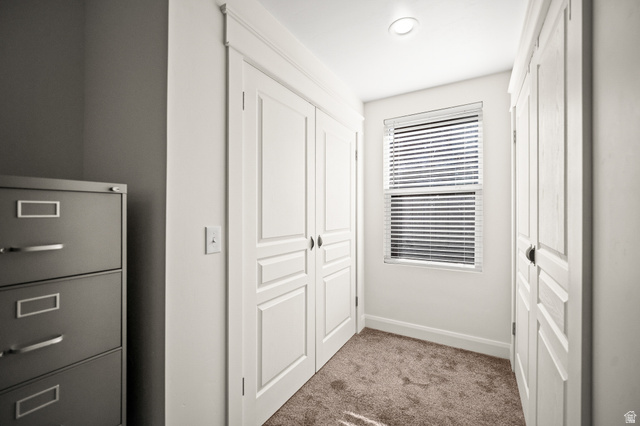 236 West 300 South Hurricane, UT 84737 - Photo 33 of 76 Compact hallway featuring white paneled doors with dark hardware, a recessed ceiling light, and light brown carpeting