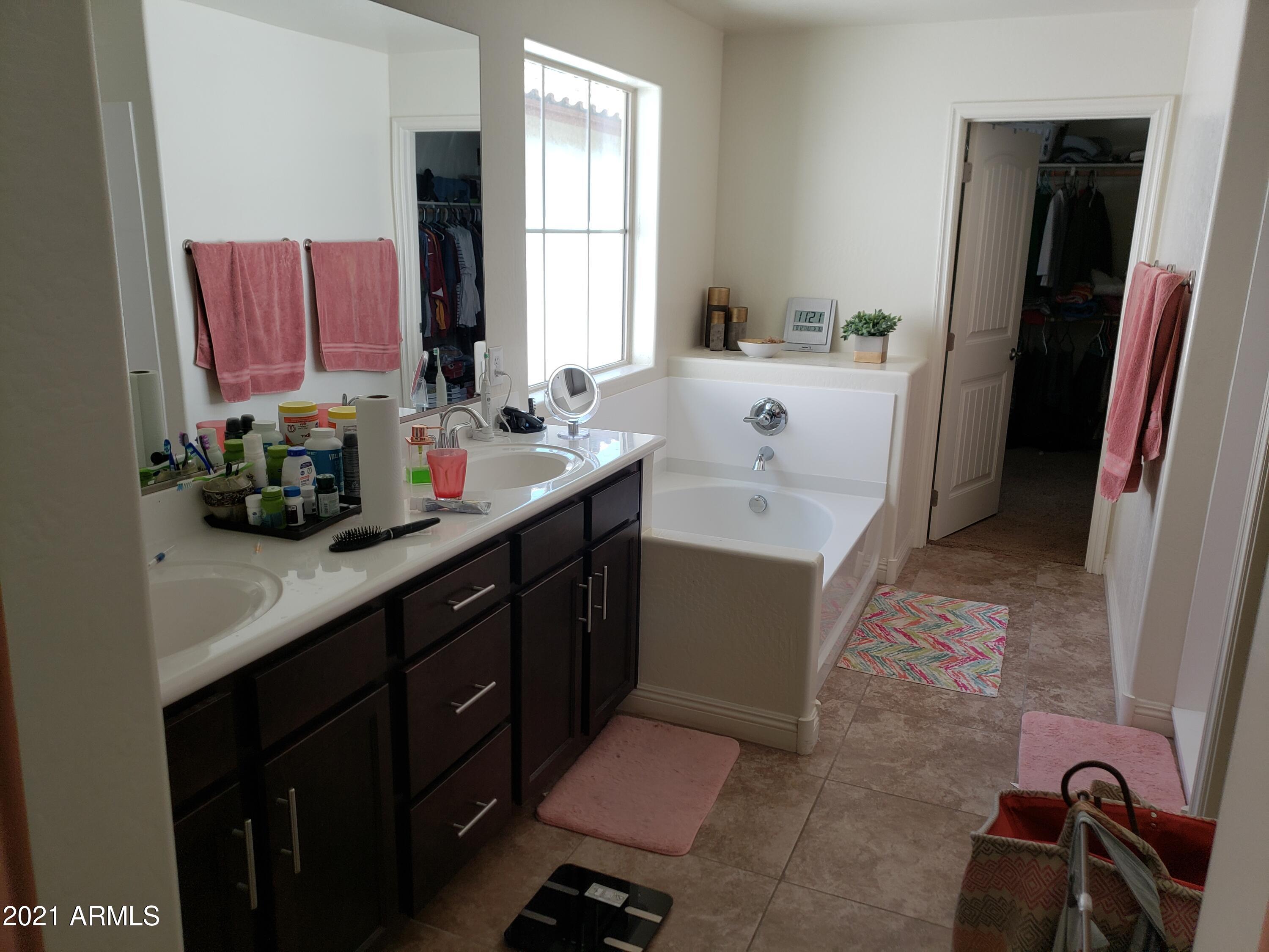 2549 North Riley Road Buckeye, AZ 85396 - Photo 28 of 46 a bathroom with a double vanity sink a mirror and a bathtub