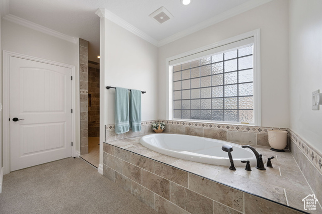 230 Boulder Way Leeds, UT 84746 - Photo 20 of 72 Full master suite bath featuring a jetted garden tub, walk in shower, crown molding, beautiful tile, acrylic glass block window with electric shade and recessed lighting