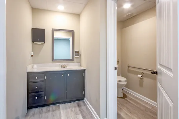 a bathroom with a sink a toilet and a mirror