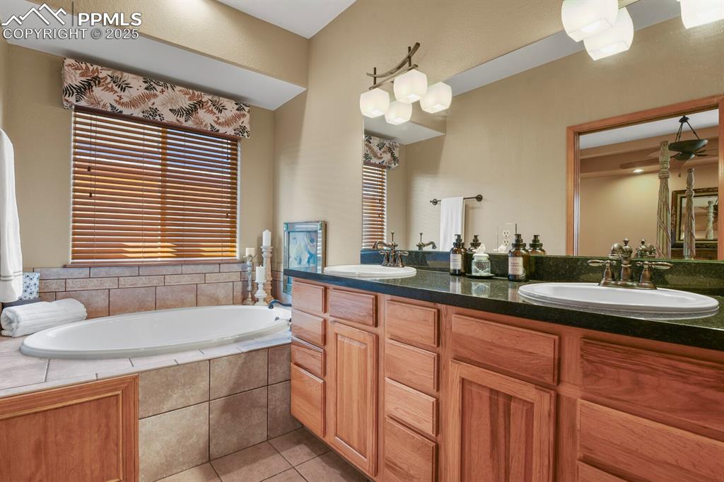 2563 Integrity Court Colorado Springs, CO 80918 - Photo 18 of 49 a bathroom with a granite countertop sink mirror and a bathtub
