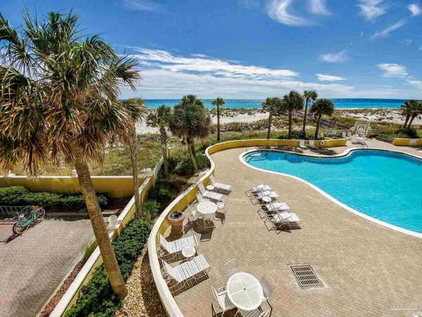 a view of a swimming pool with outdoor seating and plants