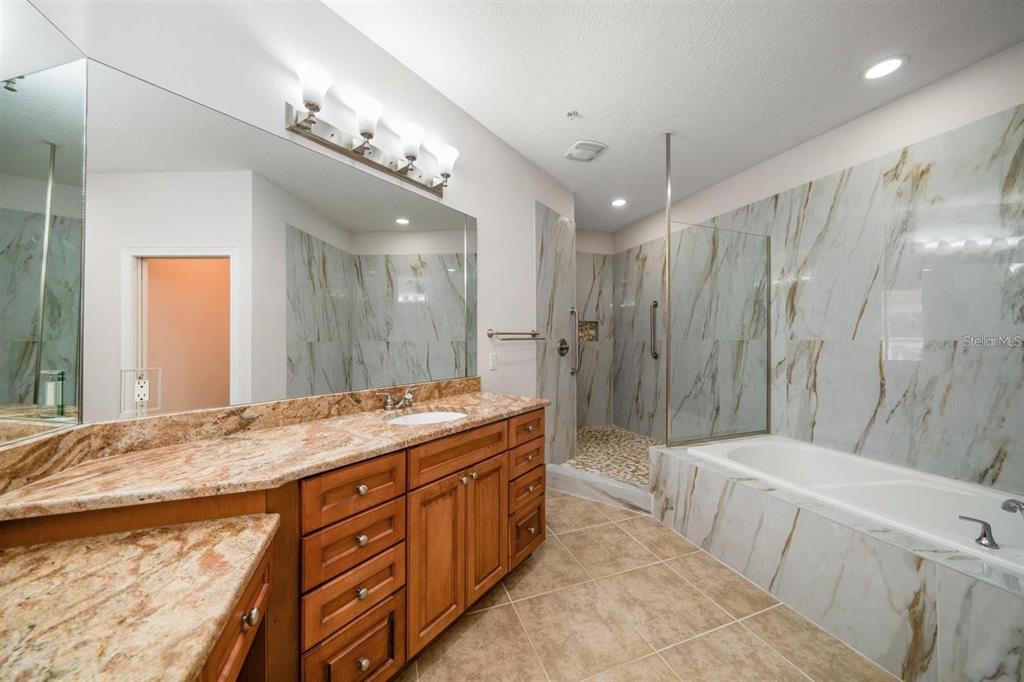 1030 Bellasol Way, Unit 201 Apollo Beach, FL 33572 - Photo 19 of 36 a spacious bathroom with a granite countertop sink a toilet a mirror and shower