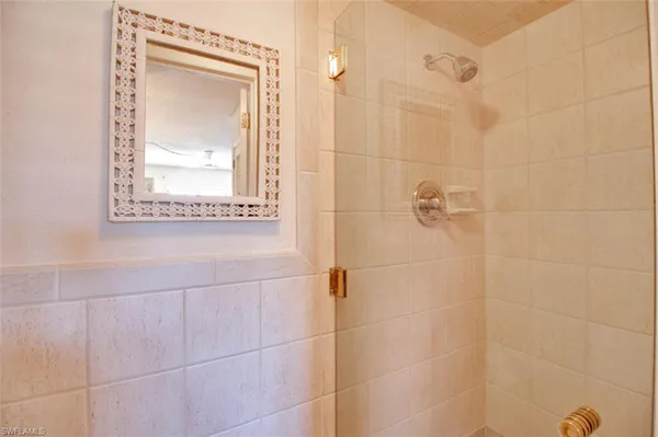 a bathroom with a shower a mirror and a shower