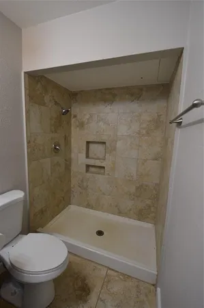 a bathroom with a shower and a toilet