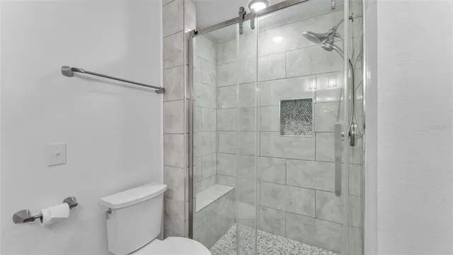 a bathroom with a shower and toilet