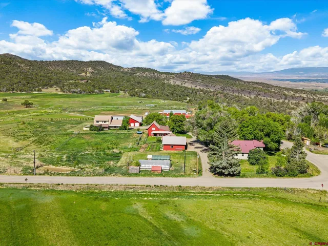 an aerial view of residential houses with outdoor space and trees