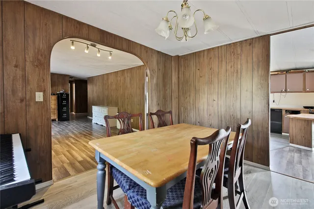 a view of a dining room with furniture