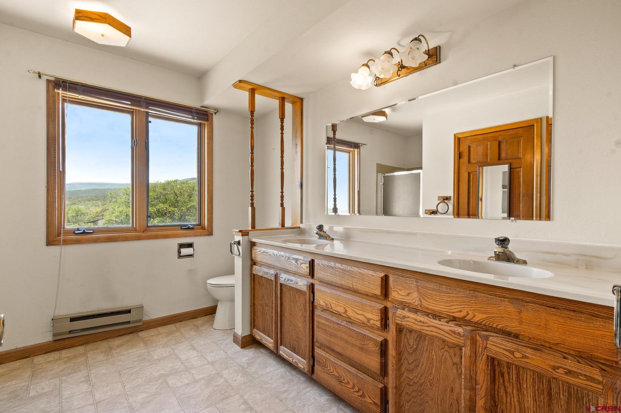 21565 Highway 65 Cedaredge, CO 81413 - Photo 22 of 42 a bathroom with a granite countertop sink mirror and a large window