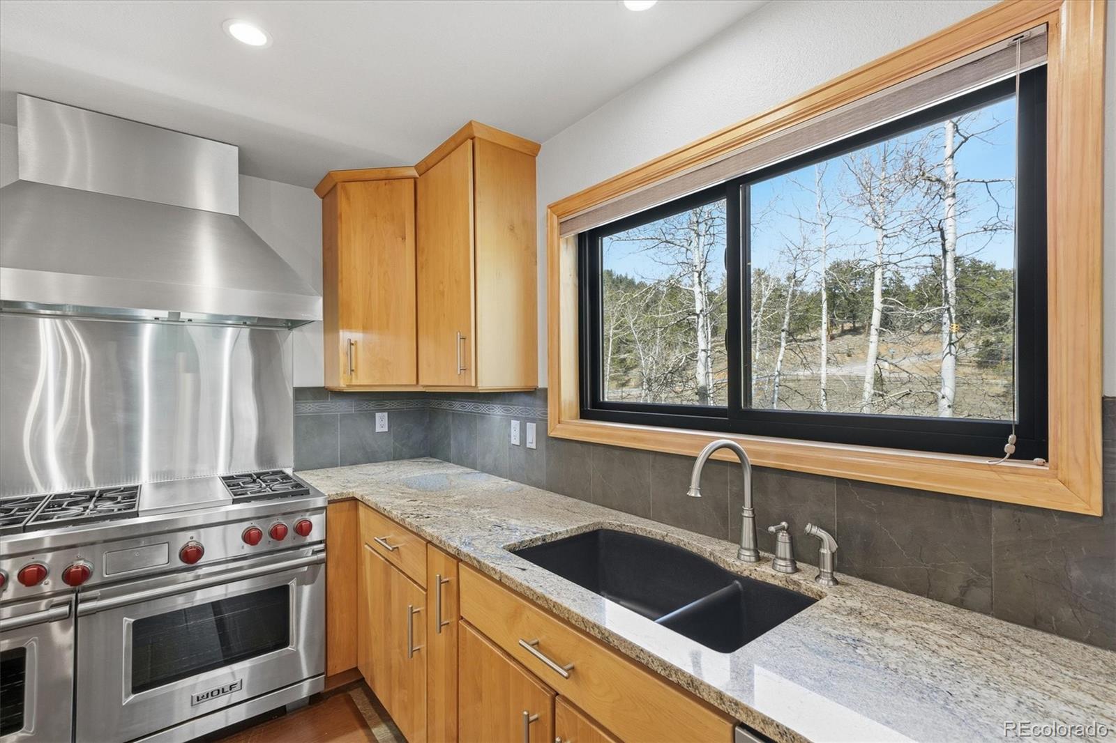 2565 Nova Road Pine, CO 80470 - Photo 8 of 50 a kitchen with a stove a sink and a granite counter tops