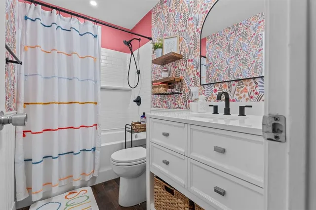 an empty room with a bench