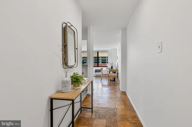 an entryway with a potted plant on a table and a potted plant