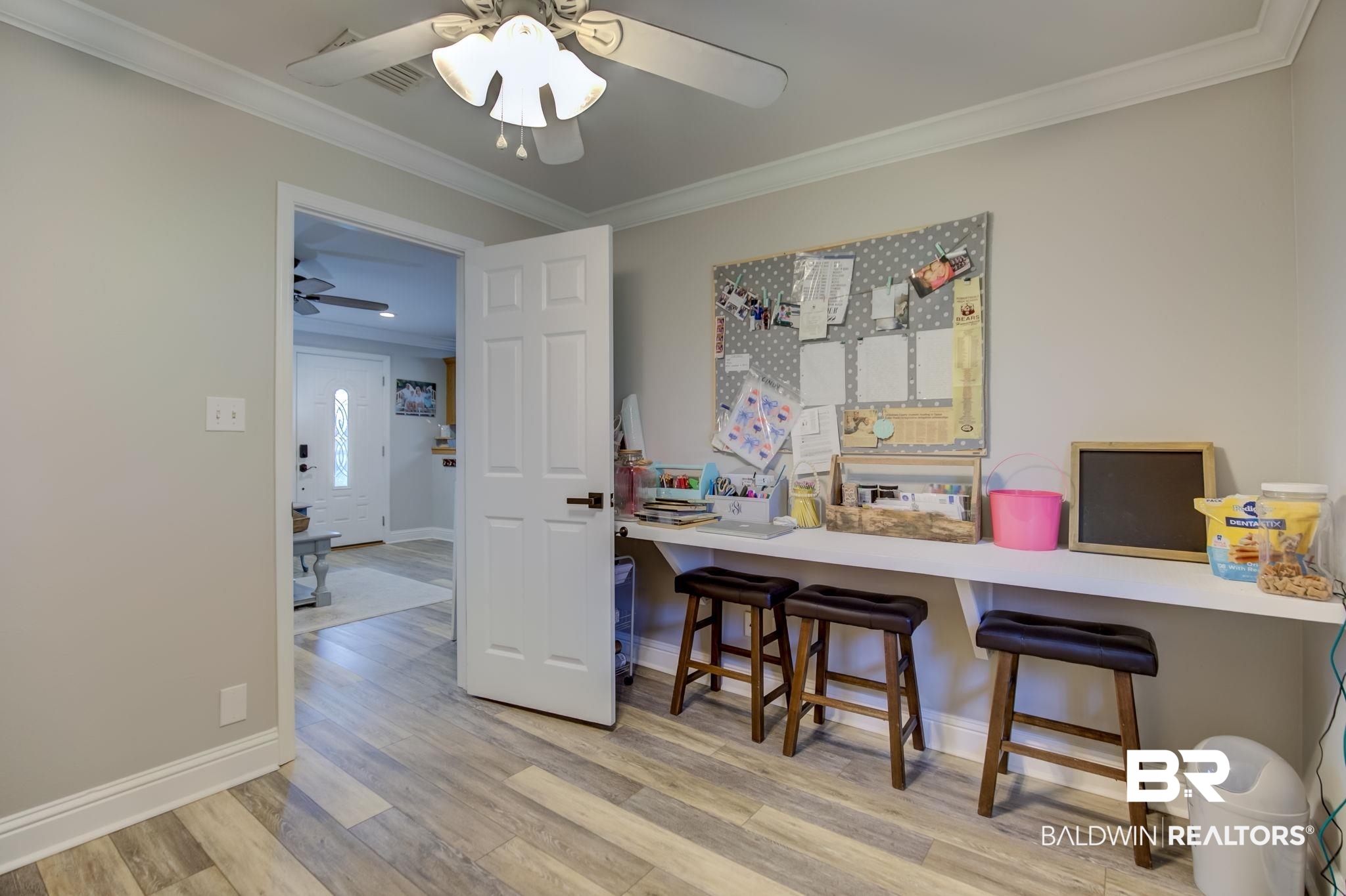 18732 Fairground Road Robertsdale, AL 36567 - Photo 20 of 46 Office featuring crown molding, light wood-type flooring, and ceiling fan