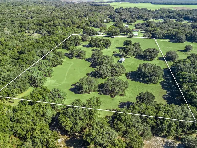an aerial view of a residential houses with outdoor space and trees