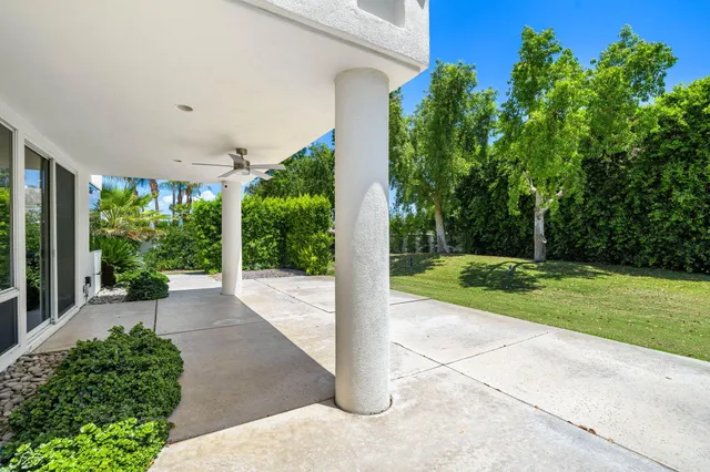 a view of a porch with garden
